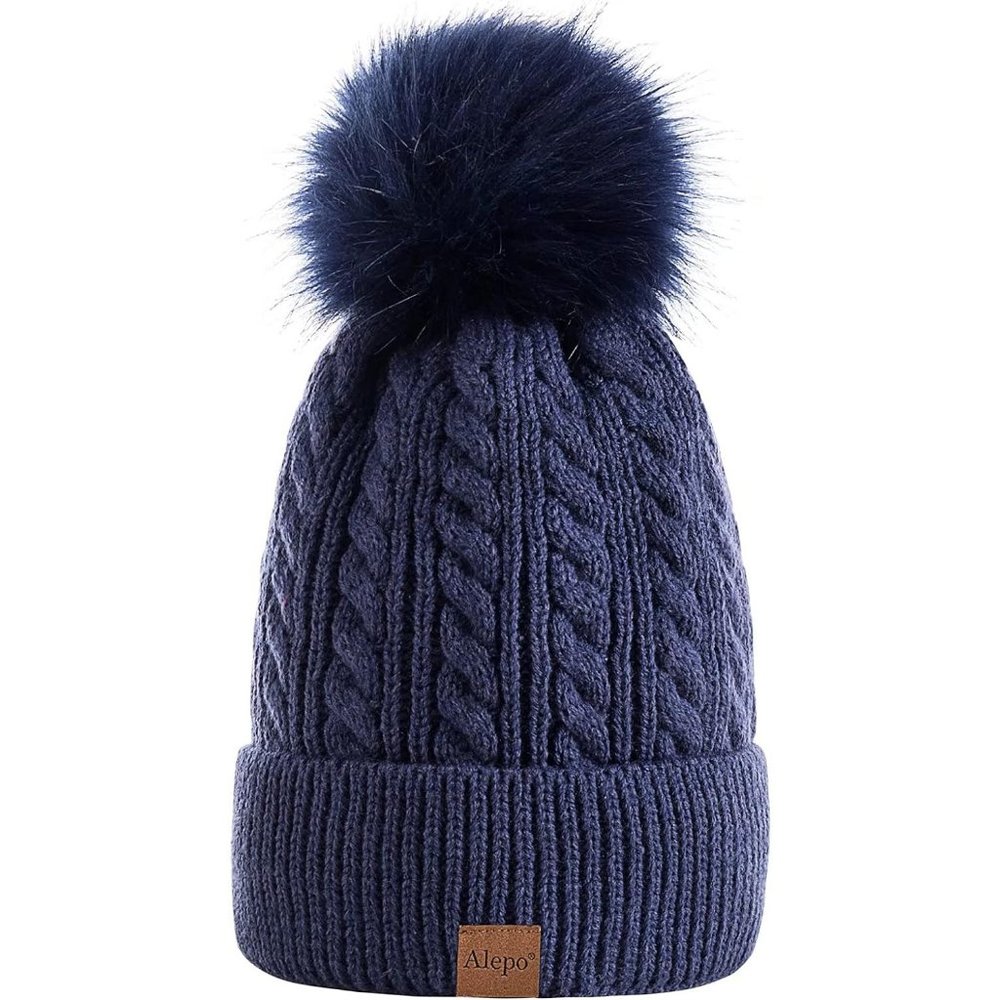 Womens Winter Warm Fleece Lined Knitted Soft Ski Cuff Beanie Hat with Pom Pom